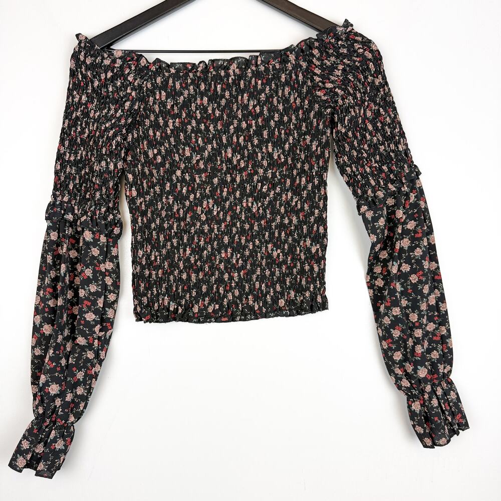 NWT Missguided Shirred Bardot Top Floral Off Shoulder LS Black - Size 6 US - Picture 7 of 10